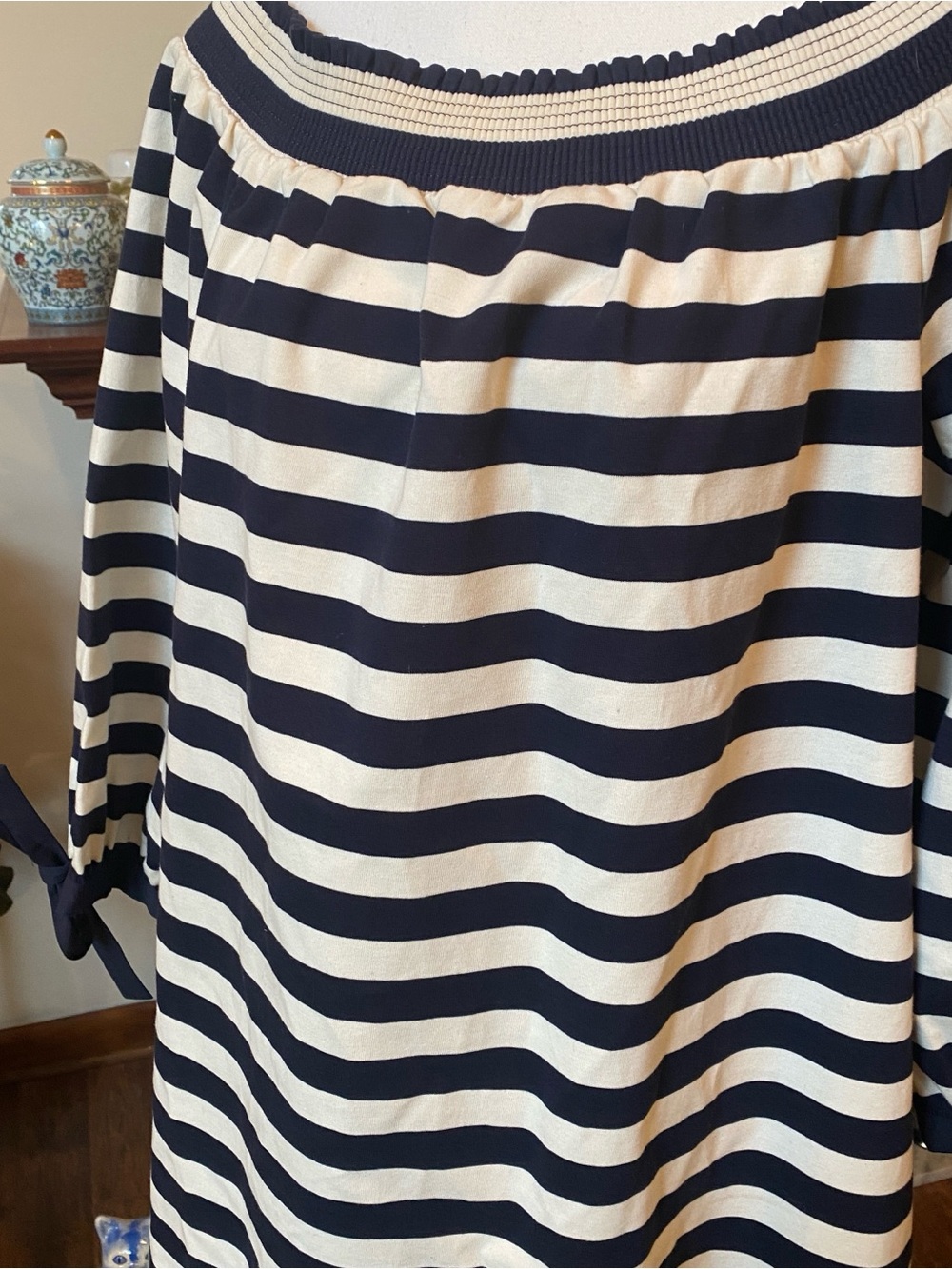 J.Crew • Navy Stripe Off Shoulder Dress • Nautical Coastal Preppy Cotton • XL - Picture 2 of 7